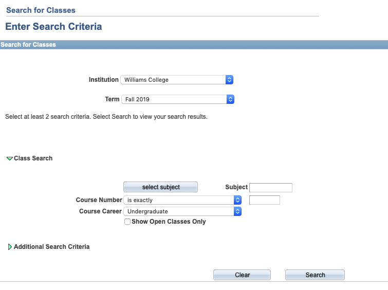 Peoplesoft Class search toolbar